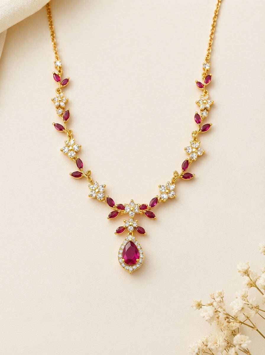 Floral and Pear Drop Ruby Necklace
